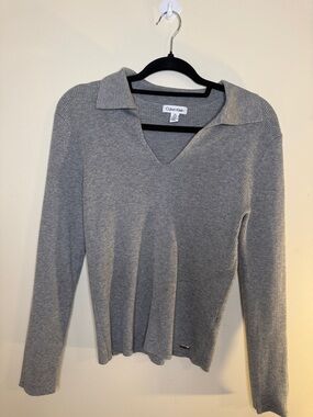 Calvin Klein Light Gray Ribbed V-Neck Polo Sweater